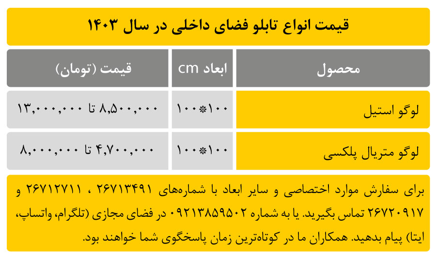 قیمت تابلو فضای داخلی و تابلو لوگو