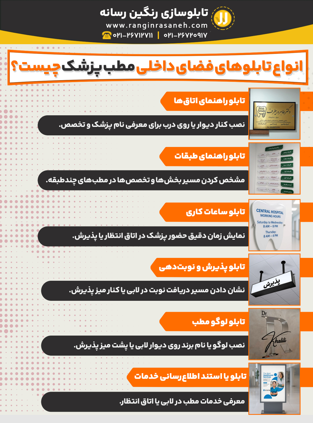 انواع تابلوهای فضای داخلی مطب پزشک چیست؟ تابلو راهنمای اتاق‌ها: نصب کنار دیوار یا روی درب برای معرفی نام پزشک و تخصص. تابلو راهنمای طبقات: مشخص کردن مسیر بخش‌ها و تخصص‌ها در مطب‌های چندطبقه. تابلو ساعات کاری: نمایش زمان دقیق حضور پزشک در اتاق انتظار یا پذیرش. تابلو پذیرش و نوبت‌دهی: نشان دادن مسیر دریافت نوبت در لابی یا کنار میز پذیرش. تابلو لوگو مطب: نصب لوگو یا نام برند روی دیوار لابی یا پشت میز پذیرش. تابلو یا استند اطلاع‌رسانی خدمات : معرفی خدمات مطب در لابی یا اتاق انتظار.