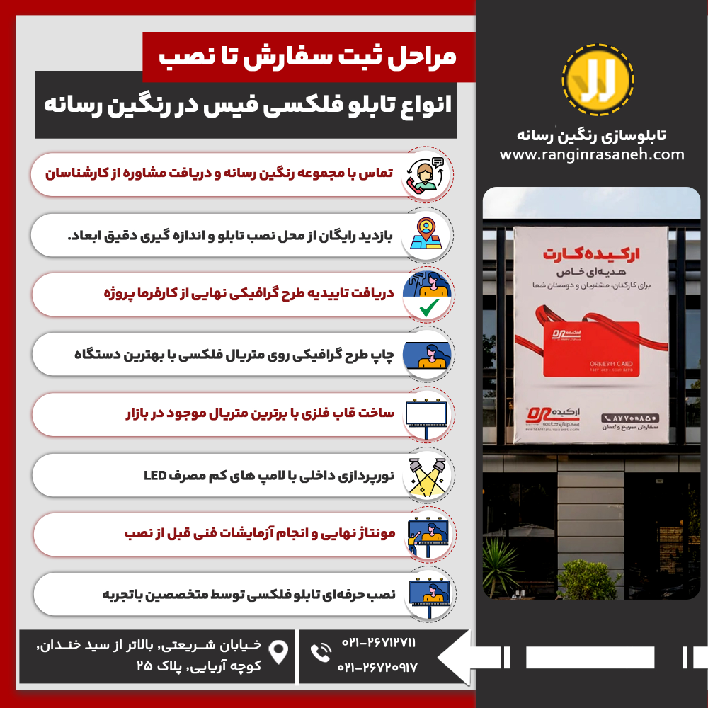 مراحل ثبت سفارش تا نصب انواع تابلو فلکسی فیس در رنگین رسانه تماس با مجموعه رنگین رسانه و دریافت مشاوره از کارشناسان بازدید رایگان از محل نصب تابلو و اندازه گیری دقیق ابعاد. دریافت تاییدیه طرح گرافیکی نهایی از کارفرما پروژه چاپ طرح گرافیکی روی متریال فلکسی با بهترین دستگاه ساخت قاب فلزی با برترین متریال موجود در بازار نورپردازی داخلی با لامپ های کم مصرف LED مونتاژ نهایی و انجام آزمایشات فنی قبل از نصب نصب حرفه‌ای تابلو فلکسی توسط متخصصین با تجربه
